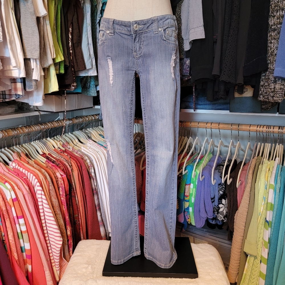 YNQ ♡ Sweet Stretchy Faded Distressed Denim Low Rise Jeans w/Skull|Cross Bones 7